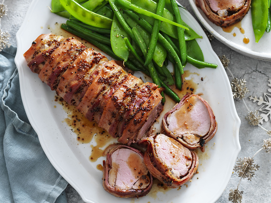 Bacon Wrapped Pork Fillet With Maple & Mustard Glaze