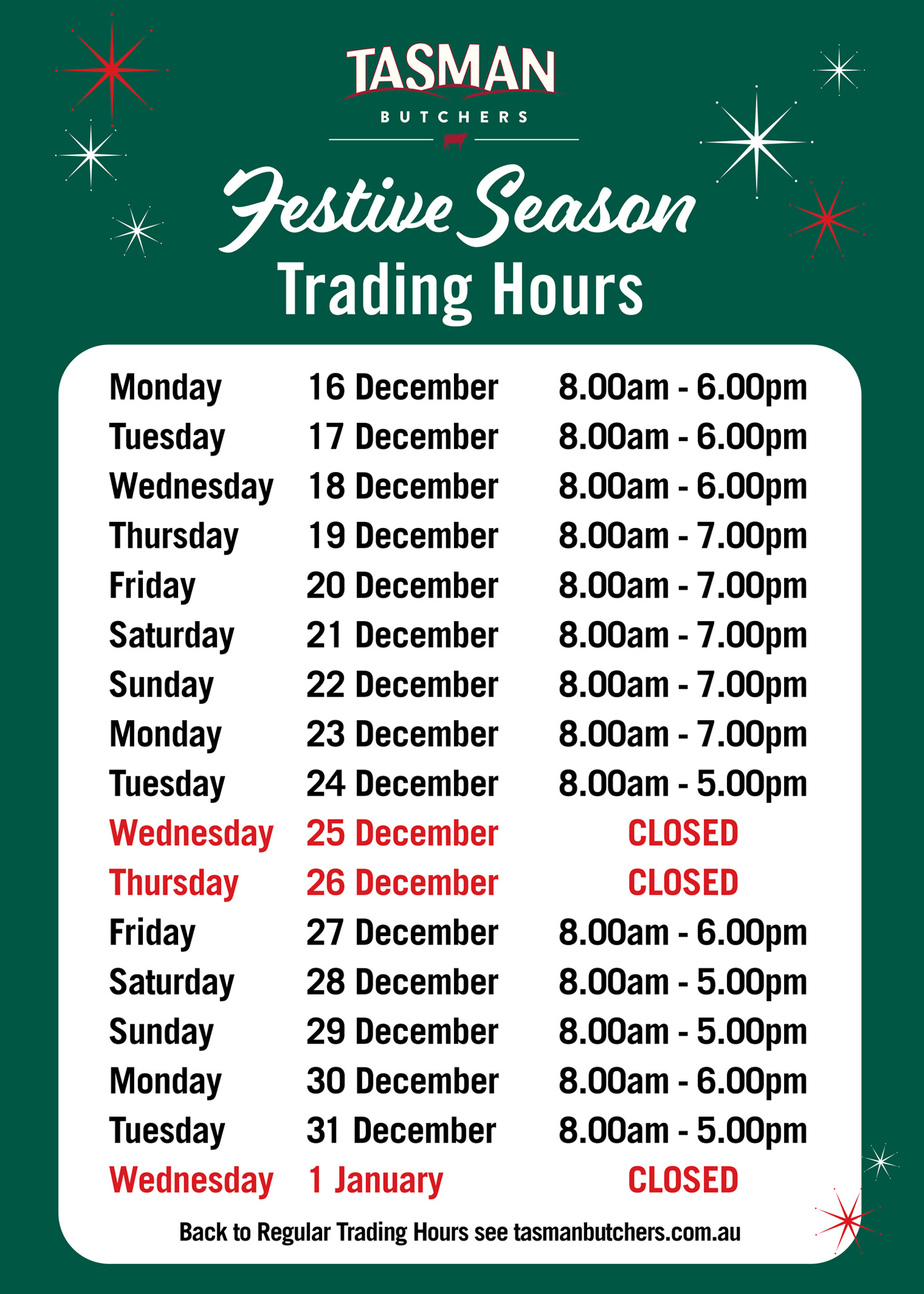 Stores extended Christmas trading hours Tasman Butchers