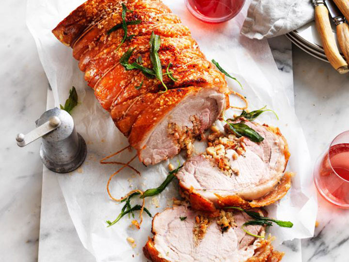 Roasted pork loin with pancetta, pine nut & sage stuffing