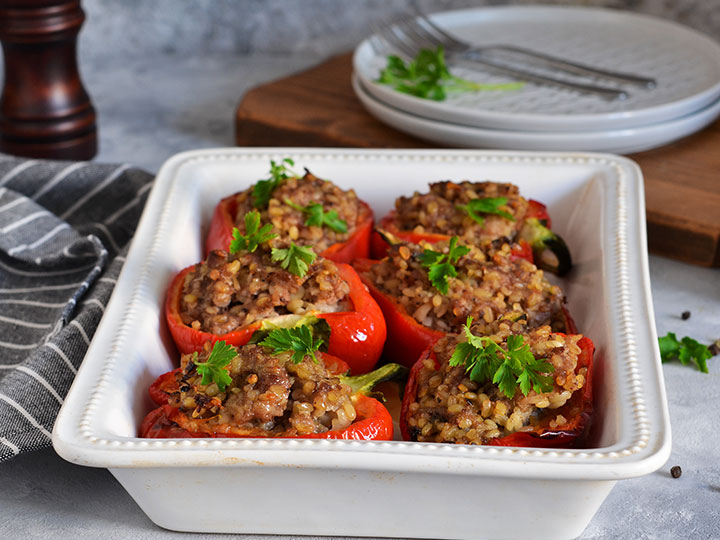 Roasted tuscan beef mince stuffed capsicums