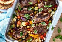 Lamb chump tray bake with roasted vegetables