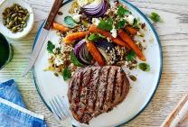 Peppered scotch fillet with carrot & herb salad