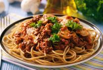 Traditional spaghetti bolognese with mushrooms
